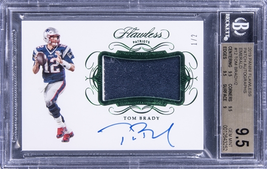 2019 Panini Flawless Patch Autographs Emerald #12 Tom Brady Signed Patch Card (#1/2) - BGS GEM MINT 9.5/BGS 10